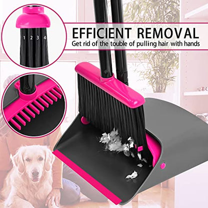 JEHONN Broom with Dustpan Combo Set, Long Handle Lightweight Indoor Broom Set, Upright Standing Dust Pan with Comb Teeth Store Sweep Set for Home Room Kitchen Office Lobby (Rose Red) - color: Rose Red