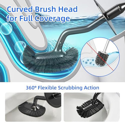 Toilet Brush and Holder Set with Pumice Stone – Long Handle Toilet Bowl Brush, Anti-Splash Scrubber, Ventilated Drip-Free Base, Deep Cleaner for Hard Water Stains, Limescale, Toilet Rings - color: Black