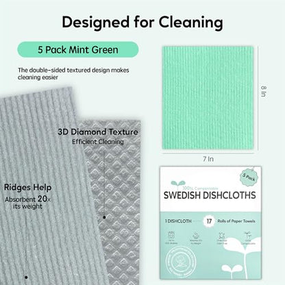 Swedish Dishcloths for Kitchen, 5 Pack Swedish Dish Cloths, Ultra Absorbent Reusable Paper Towels, Cellulose Sponge Cloths, Quick Drying, No Odor, Dishwasher Safe Mint Green - color: Mint Green