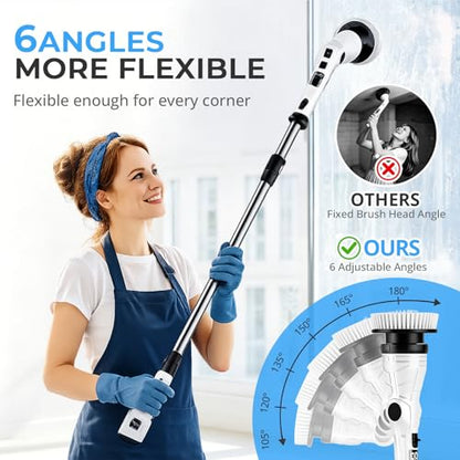 Electric Spin Scrubber, Cordless 3 Speeds 8 Heads Bathroom Cleaning Brush | 450RPM, 54" Extendable Handle, 8 Replaceable Brush Heads, Heavy-Duty, Power Scrubber for Shower, Tub, Tile, Floor, Wall Clean