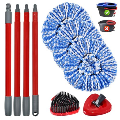 Mop Handle Mop Replace Heads and Mop Base Brush Replacement for O Cedar EasyWring 2-Tank System Include 3 Spin Mop Replacement Head, 4-Section Mop Handles, 1 Base and 1 Scrub Brush Combo - color: 3 Blue Mop Heads + 1 Set Mop Handle ( 2 Tank )