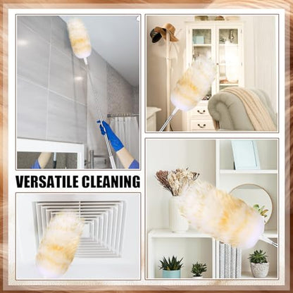 Remerry Extendable Lambswool Cleaning Duster 30-96 Inch, Wall Duster Cleaner with Stainless Steel Extension Pole for High Ceiling Fan, Interior, and Roof Dusting