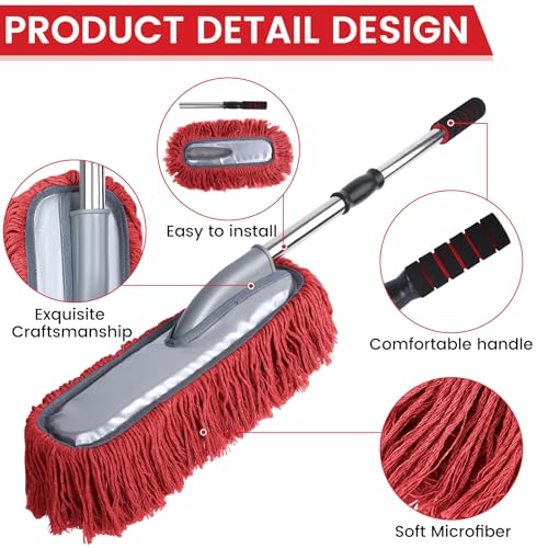 IPELY 2 Pack Large Car Duster Exterior Scratch Free with Extendable Handle and Car Duster Interior, Wax Cotton Hair Dusters (Red)