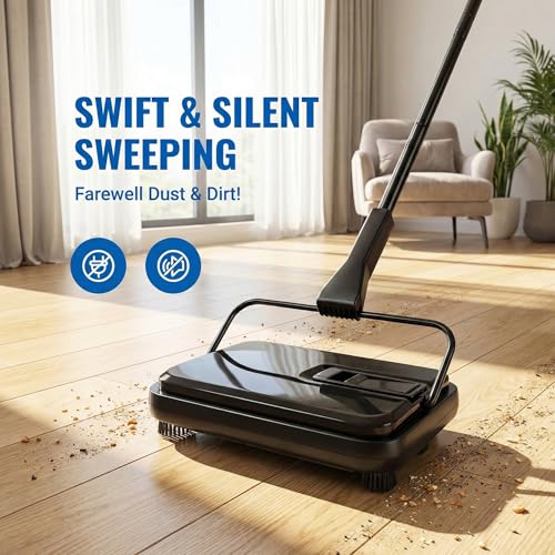 Manual Carpet Sweeper, Electric-Free Quiet Floor Sweeper with 300ml Easy-Empty Dustbin, 6.7” Cleaning Width for Pet Hair, Crumbs, Dust on Carpets, Hardwood, Tile - Home & Office Use (Black) - color: Black