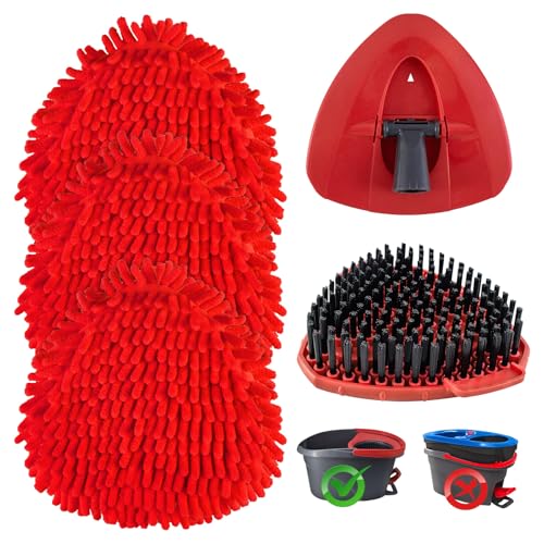 Mop Heads Replacements for O Ceda, Replace Head for Oceda Easywring 1 Tank,3 Spin Mop Replacement Head 1 Scrub Brush and 1 Base Deep Cleaning & Machine Washable - color: Red