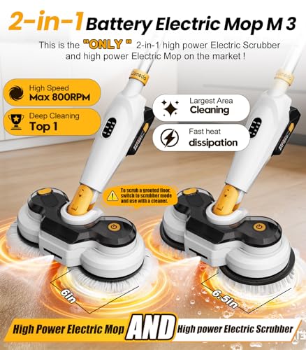 qimedo Battery Electric Mop M3, 800RPM Cordless Electric Power Scrubber & Mops for Floor Cleaning, Best Automatic Spin Mops with Smart Display,Rotating Mop with LED Light & Water Spray