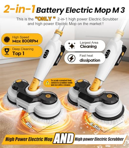 qimedo Battery Electric Mop M3, 800RPM Cordless Electric Power Scrubber & Mops for Floor Cleaning, Best Automatic Spin Mops with Smart Display,Rotating Mop with LED Light & Water Spray