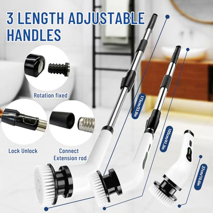 Electric Spin Scrubber, Cordless Cleaning Brush Scrubber with 12 Replaceable Brush Heads, 360 Power Scrubber Dual Speed with Adjustable & Detachable Handle for Bathroom Kitchen Car (White)
