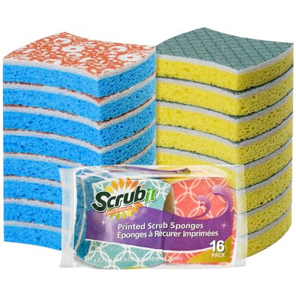 SCRUBIT Non-Scratch Cellulose Scrub Sponge - Soft and Easy Grip - Kitchen Sponges for Cleaning - 16-Pack Dual Sided Scrubby Sponges for Pots, Pans, Kitchen, and More