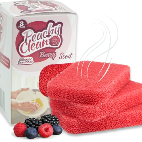 Peachy Clean Silicone Dish Sponge Scrubbers, Fresh Berry Scent, Non-Scratch, Odor-Resistant, Durable Dish Sponges for Kitchen 3pk - color: Fresh Berry, size: Pack of 3