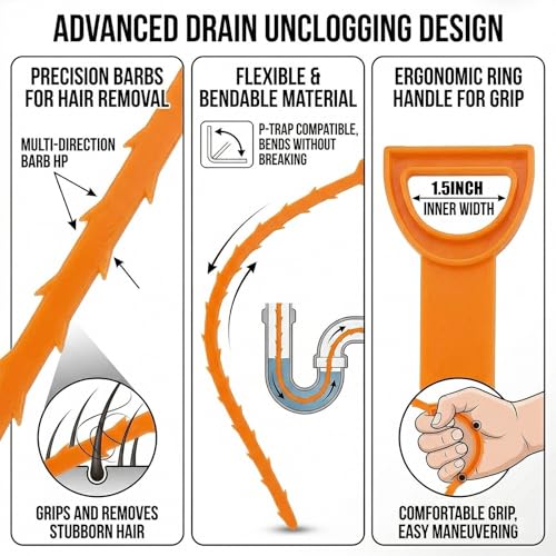 Drain Hair Remover Tool 3 Pcs Set, 20 Inch Flexible Drain Cleaning Snake, Plastic Drain Clog Remover for Sink, Shower, Bathtub and Bathroom Drain, Reusable Hair Removal Tool, Green - color: Orange
