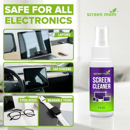 Screen Cleaner Spray and 2 Microfiber Cloths - 2oz Bottle by Screen Mom-Screen Cleaner Spray and Wipe for TV, Computer, Phone, iPad, Car Screen Cleaning Kit Electronic Cleaner Spray - size: 2oz