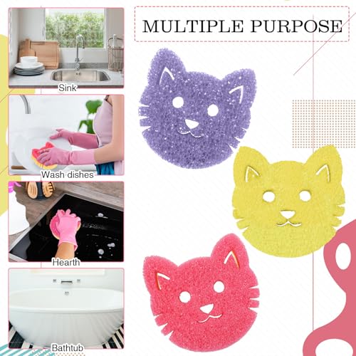 FillTouch 3 Pcs Dual Sided Scrub Sponge Multi Functional Cute Temperature Sensitive Non Scratch Dish Sponge for Washing Dishes Kitchen Bathroom(Cat,Pink, Yellow, Purple) - color: Pink, Yellow, Purple, style: Cat