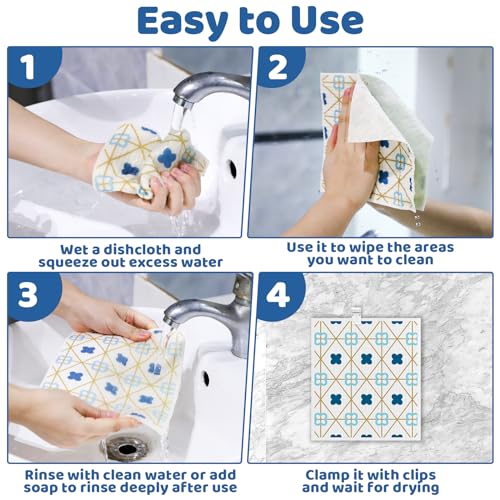 Needbrock 6 Pack Swedish Dishcloths for Kitchen,Swedish Rags Dish Towels with Clips, Reusable Paper Towels Washable Absorbent Cellulose Sponge Cloths for Countertop Dishes Sink Kitchen - color: Geometric Style