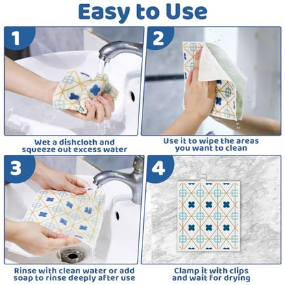 Needbrock 6 Pack Swedish Dishcloths for Kitchen,Swedish Rags Dish Towels with Clips, Reusable Paper Towels Washable Absorbent Cellulose Sponge Cloths for Countertop Dishes Sink Kitchen - color: Geometric Style