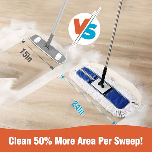 CLEANHOME 24" Heavy-Duty Commercial Dust Mop for Hardwood Floors | Large Areas - with 2 Microfiber Pads, Reinforced Telescoping Handle for Stable Cleaning in Homes, Garages & Commercial Spaces