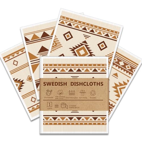 4 PCS Swedish Dishcloths, Western Aztec Vintage Themed Reusable Kitchen Dish Cloths, Super Absorbent Cellulose Sponge Cloths, Odor Resistant, Dishwasher Safe & Multi-Purpose Cleaning Cloths - color: Western Aztec - 1