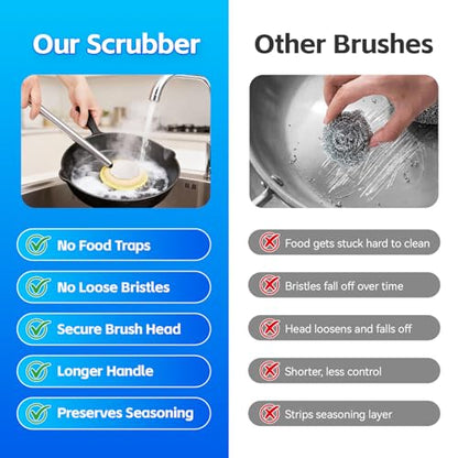 Kitchen Cleaning Brush with Handle, Non-Scratch Preserve Seasoning for Wok, Cast Iron Skillet, Pans, Oven Racks, Air Fryer, Jars - Stainless Steel Handle
