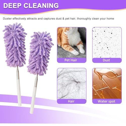 2Pcs Mini Duster for Cleaning, Microfiber Duster with Extendable Pole, Washable Small Duster, Cleaning Tools for Office, Car Interior, Window, Furniture, Computer (Purple)