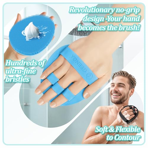 Silicone Back Scrubber & Bath Glove Set 2PCS, 13.4'' Gentle Shower Back Scrubber with Dual-Side Head Non-Slip Handle, 360° Anti-Slip Hand-fit Bath Glove for Rich Foaming Deep Cleaning(Blue) - color: Blue*2