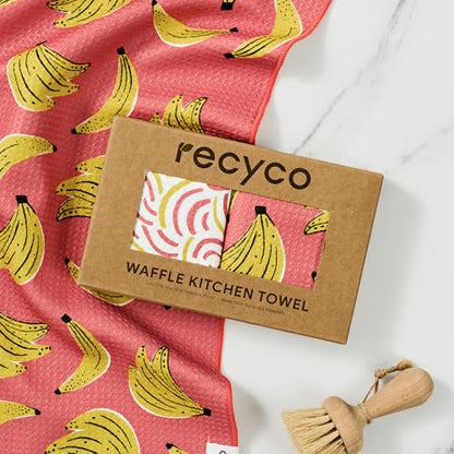 RECYCO Waffle Kitchen Towel Set of 2 - Quick Dry Microfiber Sustainable Dish Towels - Ultra Absorbent Reusable Cleaning Tea Towels - Lightweight Hand Towels,16”x 28”, Banana Joy - color: Banana Joy