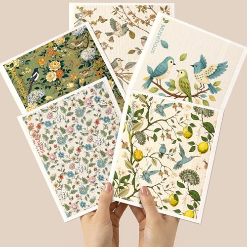 5 Pack Swedish Dishcloths - Reusable Dish Cloths for Kitchen 5 PCS Non-Scratch Absorbent Compostable Elegant Floral Patterned Swedish Sponge Cloths for Cleaning, Bird on Branch - color: Bird on Branch