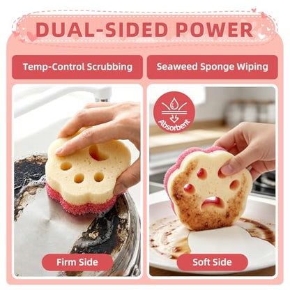 Cleangor 4pcs Scrub Sponges, Dual-Sided Temperature-Controlled Dish Sponges, Scratch-Free, Easy to Clean, Kitchen Cleaning Sponges for Tough Stains, Delicate Surfaces, Glassware, Cookware, Appliances