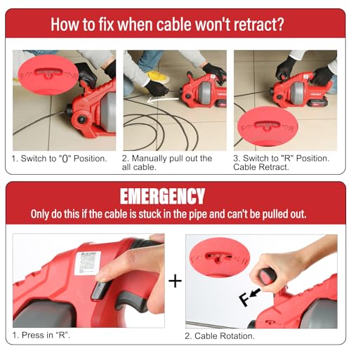 POPULO 20V Cordless Electric Drain Snake, 25Ft Replaceable Cable with 2.0Ah Battery, Extension Tube & Charger, Snake Drain Clog Remover Tool for Toilet, Floor Drain, Sink and Shower 3/4"-2" Pipe - style: 25ft Toilet - Red