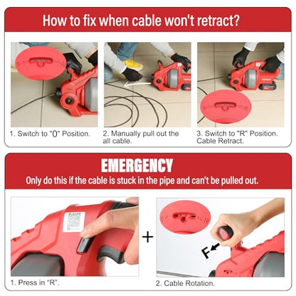 POPULO 20V Cordless Electric Drain Snake, 25Ft Replaceable Cable with 2.0Ah Battery, Extension Tube & Charger, Snake Drain Clog Remover Tool for Toilet, Floor Drain, Sink and Shower 3/4"-2" Pipe - style: 25ft Toilet - Red