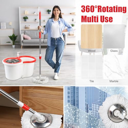 Spin Mop and Bucket with Wringer Set, 360° Spinning Mop Bucket System with 6 Microfiber Mop Replacement Heads and 61" Stainless Steel Adjustable Handle for Floor Cleaning (20QT) - color: White
