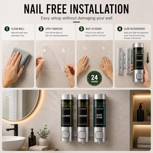 Shampoo and Conditioner Dispenser, Shower Soap Dispenser Wall Mounted, Shower Dispenser 3 Chamber No Drill for Bathroom Large Capacity (Silver) - color: Sliver