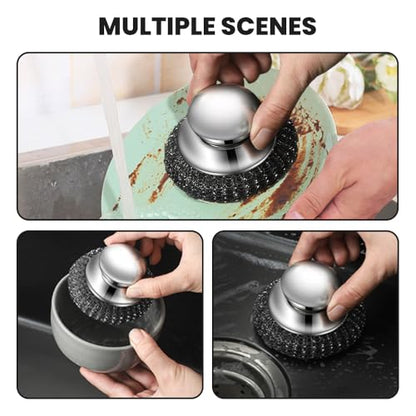 Steel Wool Scrubber with Handle, Upgrade Heavy Duty Stainless Steel Dish Scrubber for Cleaning Dishes, Iron Pots, Stoves, Kitchen Sink (4 pcs) - color: 4 Pcs