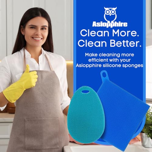 Silicone Dish Sponge Dish Scrubber (Oval and Square) - Dual-Sided, Food Grade Silicone Sponges for Dishes and Housecleaning 2-Pack - color: 2 Pack Teal + Blue