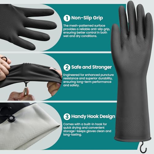 4 Pairs Rubber Dishwashing Gloves with Hanging Hooks - Reusable Cleaning Gloves for Kitchen & Household, Non-Slip, Durable and Flexible (Large, 4 Colors: Black, Pink, Blue, Purple) - size: Large