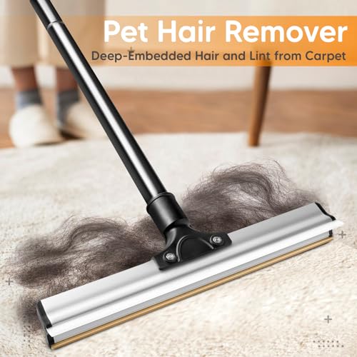 Dual Side Pet Hair Remover, Adjustable Carpet Rake Hair Removal Tool with Copper Serrated & Silicone Edge, Reusable Dog Cat Hair Remover Broom for Embedded Fur Removal from Carpet
