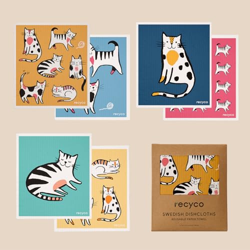 RECYCO Swedish Dishcloths for Kitchen | 6 Pack Cuddly Cats Washable Dish Rags | Cellulose Reusable Cleaning Paper Towels | Absorbent Counter Dish Cloth Sponge Kitchen Wipes, 8" L x 7" W - color: Cuddly Cats - 6 Pack