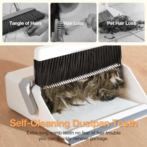 Broom with Dustpan Combo Set,UOEOS One-Sweep Clean,Pet Hair Removal Broom with Self-Cleaning Double-Layer Teeth,High Density Broom and Windproof Dustpan for Indoor&Outdoor - color: Gray