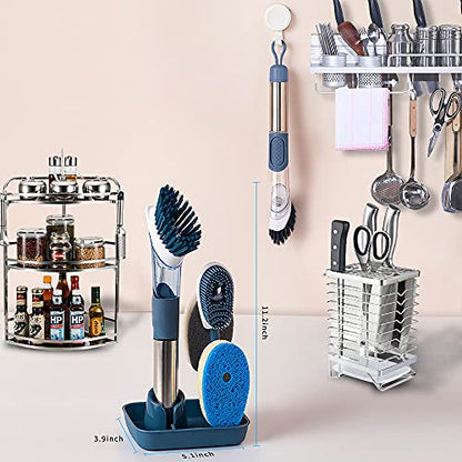 Dish Cleaning Brush, Soap Dispensing Dish Brush Set with 4 Replacement Heads and Storage Holder, Kitchen Scrub Brush for Dish Pot Pan Sink Cleaning (Blue) - color: Blue