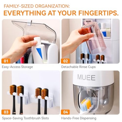 Toothbrush Holder Wall Mounted with Automatic Toothpaste Dispenser, Dustproof Flip Cover and Inverted Cup Slots, Multi-Functional No-Drill Bathroom Organizer for Family, Space Saver (2 Cups) - color: 2 Cups