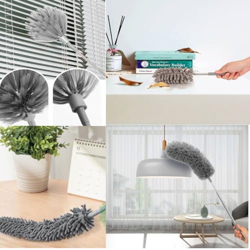 Microfiber Feather Duster Kit with 100” Extension Pole 6 PCS Reusable Bendable Washable Dusters for Cleaning Machine Washable Ceiling Fan Cleaner Duster for Cleaning Cobweb, Furniture, Blinds，Ceiling