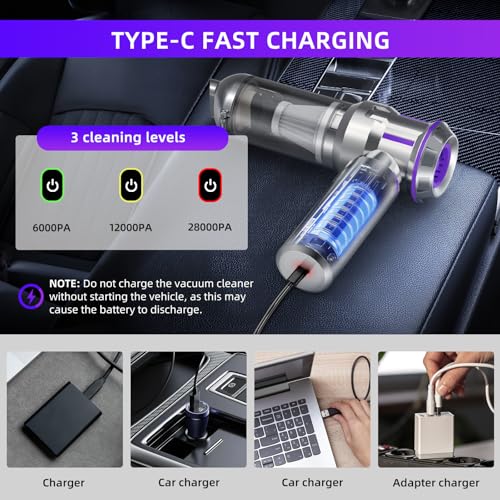 Handheld Vacuum Cleaner, 28000Pa 4 in 1 Handheld Vacuum Cordless, One-Touch Dust Removal, 3 Speeds Brushless Motor Mini Vacuum, Car Vacuum Portable Cordless for Office, Home, Kitchen, Car, Pet Hair