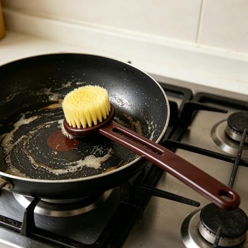 2 Pack Dish Brush with Handle, Stiff Bristles Dish Scrubber, Labor-Saving Kitchen Brush for Dishes, Pots, Pans and Sink Cleaning(Brown) - color: Brown