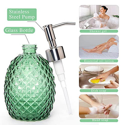 Glass Soap Dispenser with Stainless Steel Pump, 12oz Clear Dish Soap/Hand Soap/Laundry Soap/Lotion Dispenser, Refillable Liquid Dispenser for Bathroom Kitchen Shower (Green) - color: Green