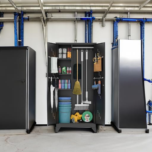 75" Metal Storage Cabinet with Lockable Doors, Functional Garage Storage Cabinets, Heavy-Duty Tool Organization Cabinet with Hanging Rod & S-Hooks (75" Utility Closet) - size: 75" Garage Cabinets