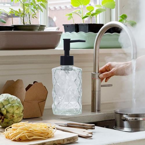 Crystal Clear Glass Soap Dispenser with Black Pump, 2 Pack 12oz Diamond Hand Dispenser, Refillable Lotion Dispenser & Dish Soap Dispenser, Bathroom Soap Dispenser for Liquid, Shower Gel - color: Transparent