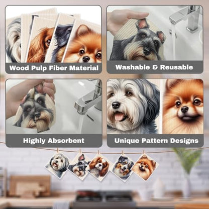 5 Pcs Cute Doggy Swedish Dishcloths, Cavalier King Charles Spaniel & Pomeranian Swedish Dishcloth, Shih Tzu Dish Cloths for Drying Dishes, Reusable Cleaning Cloths, Dog Lover Gifts for Women - color: Lm 03431