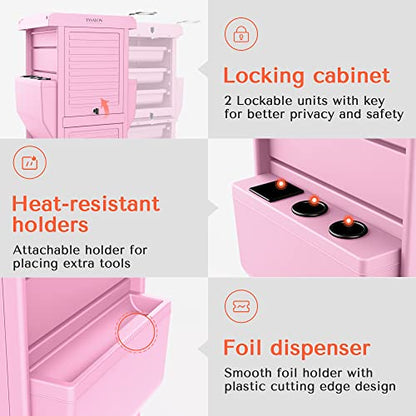 TASALON Professional Salon Trolley Cart, Lockable 6 Trays & 2 Holders, Space Saving Mobile Storage for Hair Salon and Beauty Station - Pink - color: Pink