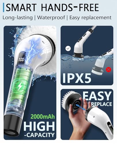 Electric Spin Scrubber Cordless - 3 Speed Rechargeable, Adjustable & Detachable Handle, 9 in 1 Brush Heads Power Scrub Brushes for Cleaning Supplies Shower Bathroom Tub Kitchen Tile Floor