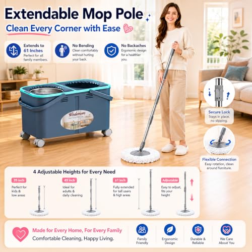 2026 Upgraded Gen 2 Spin Mop and Bucket Set with 4 Swivel Wheels for Easy Rolling, Separates Clean & Dirty Water, Floor Mop with 6 Washable Mop Heads for Wood, Tile, Vinyl, Baseboards - Grey/Blue - size: Grey/Blue Mop Bucket + 6 Extra Refill