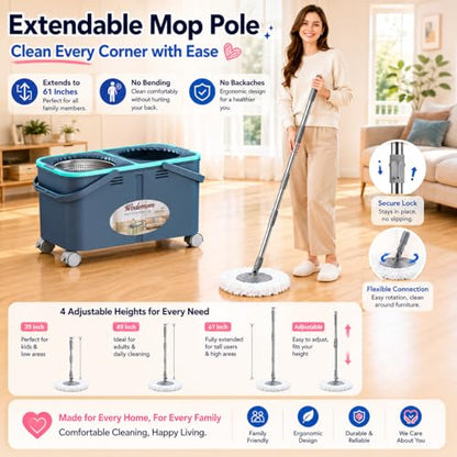 2026 Upgraded Gen 2 Spin Mop and Bucket Set with 4 Swivel Wheels for Easy Rolling, Separates Clean & Dirty Water, Floor Mop with 6 Washable Mop Heads for Wood, Tile, Vinyl, Baseboards - Grey/Blue - size: Grey/Blue Mop Bucket + 6 Extra Refill